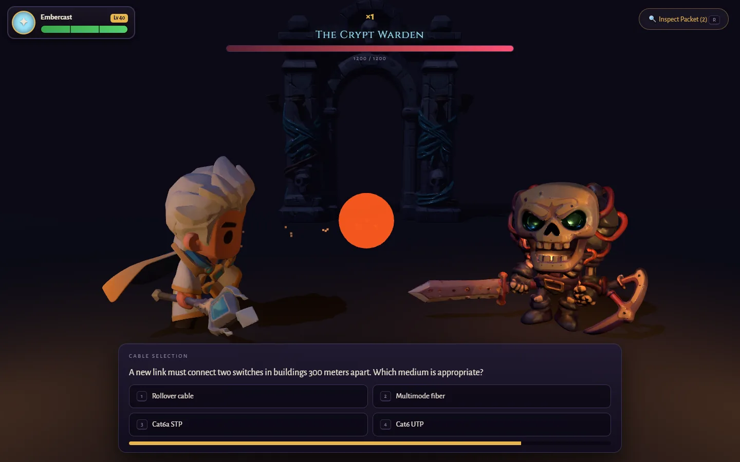 A Lv40 mage hurls a critical fireball at the Crypt Warden, mid-fight — a live CCNA question, four answer chips, and the 42-second timer