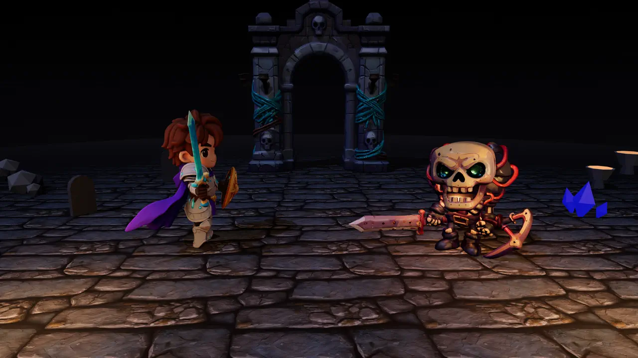 In-game render: a Router Paladin squares up to the Crypt Warden in the Cabling Crypts