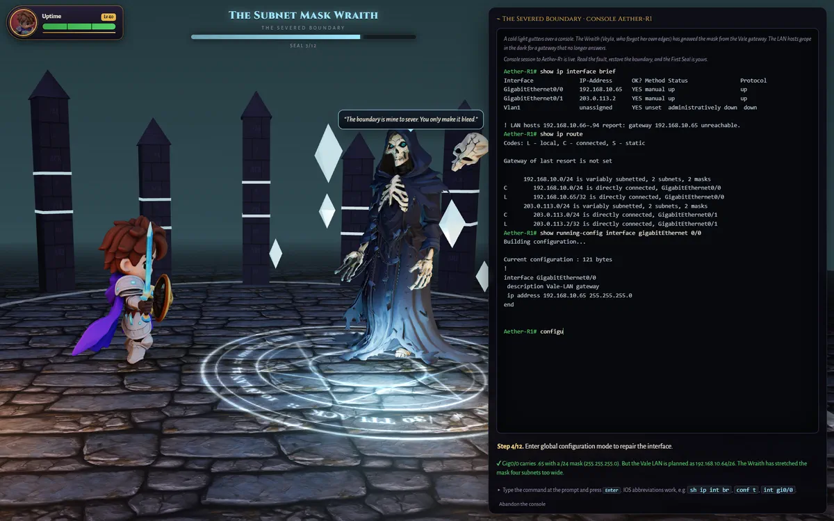 A Seal battle: the champion faces the Subnet Mask Wraith on a glowing rune seal while the router console beside them shows real show-command output