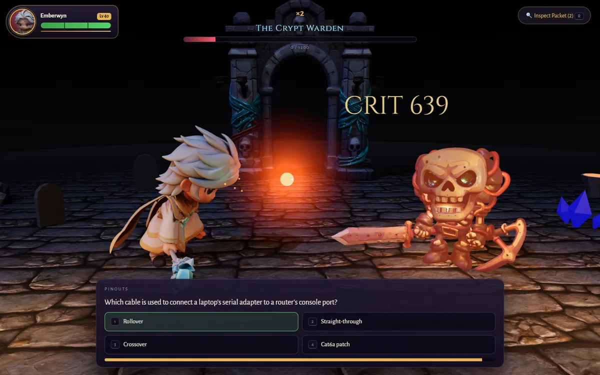 A Radiant Security Mage hurls a fireball at the Crypt Warden during a live CCNA cabling question with four answer chips and the timer bar